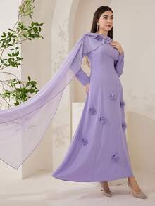 Veilorie Women's Solid Color 3D Floral Decor Ribbon Design Elegant Arabic Dress - Purple - View 3