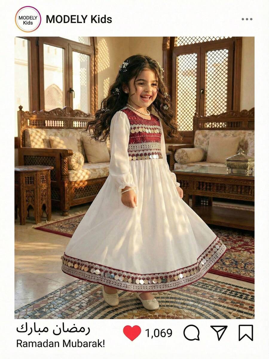 SHEIN Đầm thường ngày cổ tròn tay dài thêu họa tiết sequin cho bé gái - Nhiều màu - Xem 1