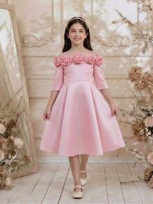 Elladie kids 少女缎面花卉贴花露肩中长连衣裙，公主裙，适合婚礼、花童、生日派对、节日活动、表演等场合 - 粉色 - 查看 5