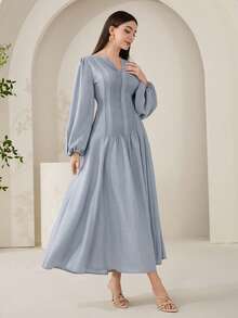 Veilorie Đầm Ả Rập thanh lịch, màu trơn, cổ chữ V, tay phồng, xếp ly dành cho nữ - Màu nâu  Mocha - Xem 3