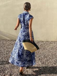 DAZY Women's Elegant Floral Print Sleeveless Denim Dress, Summer - Blue - View 2