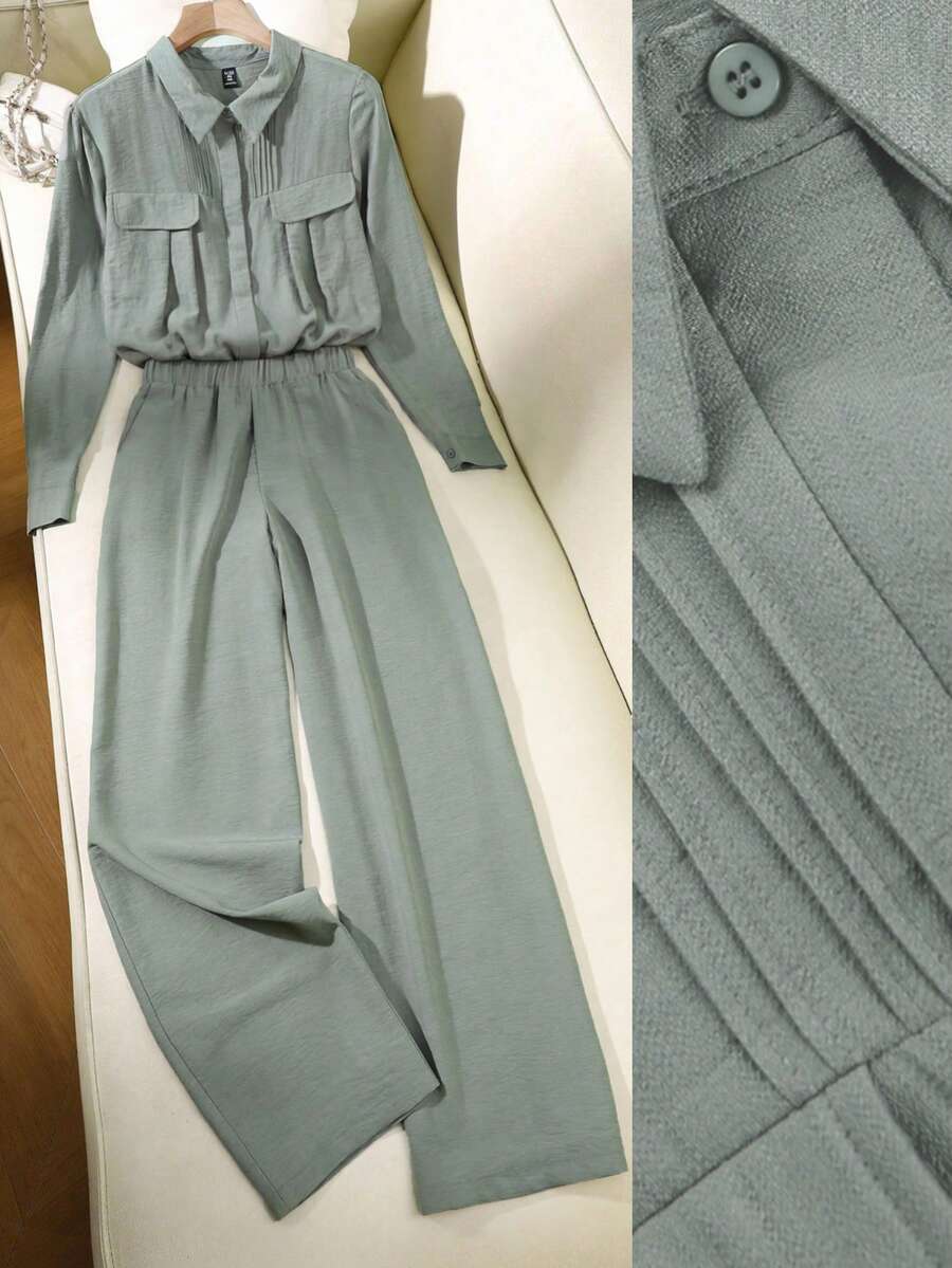 Franclia Women's Elegant French Style Commute & Vacation Romantic Textured Collared Long Loose Blouse With Relaxed Wide Leg Pants 2 Pieces Set, Spring/Autumn - Army Green - View 1