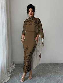 SHEIN Elenzya Elegant High Collar Floral Print Midi Dress With Cape - Coffee Brown - View 3