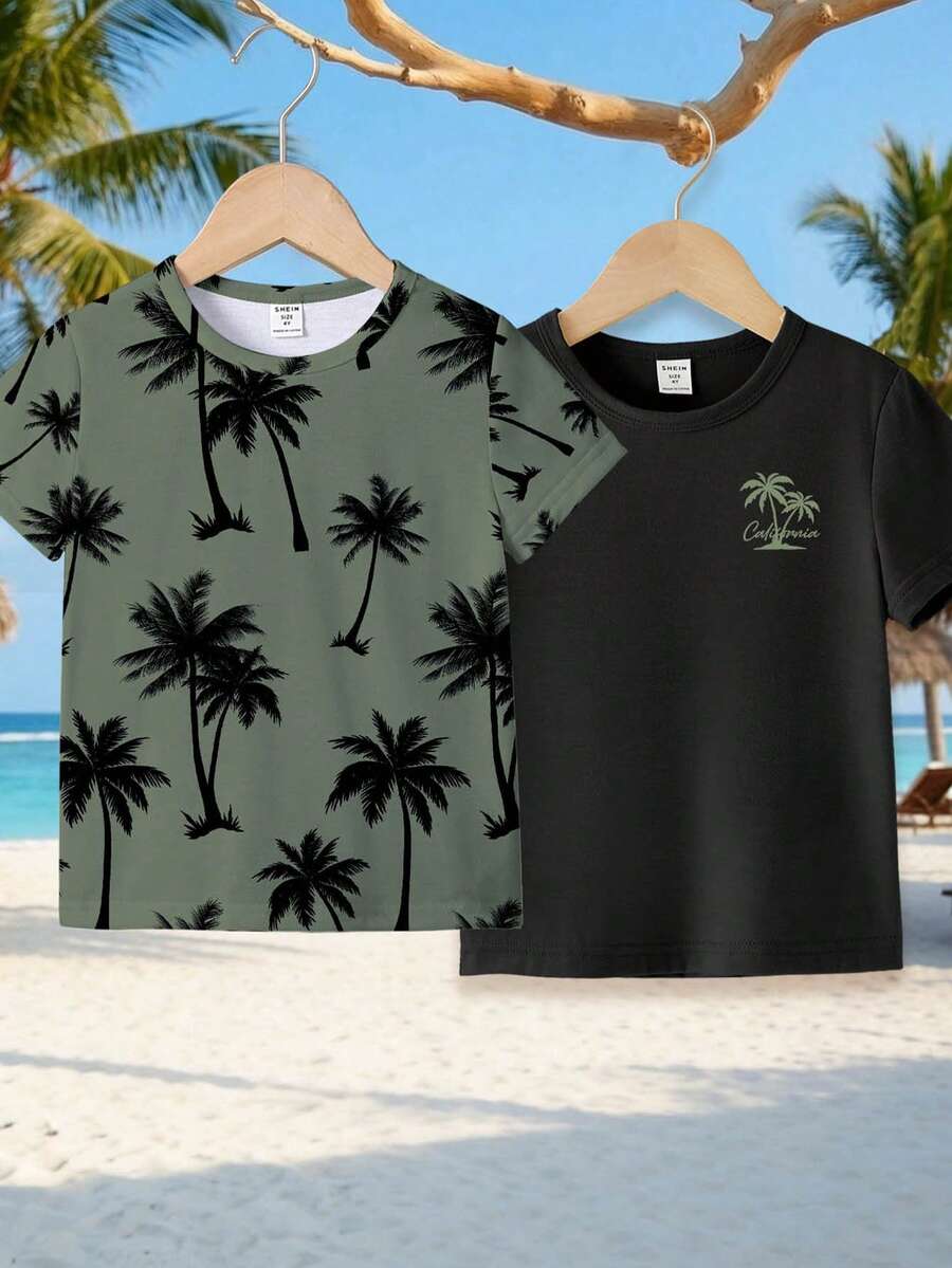 2pcs/Set Young BoyCasual Coconut Tree & Letter Print Graphic Tees, Comfortable Daily Wear, Spring/Summer/Autumn - Black - View 1