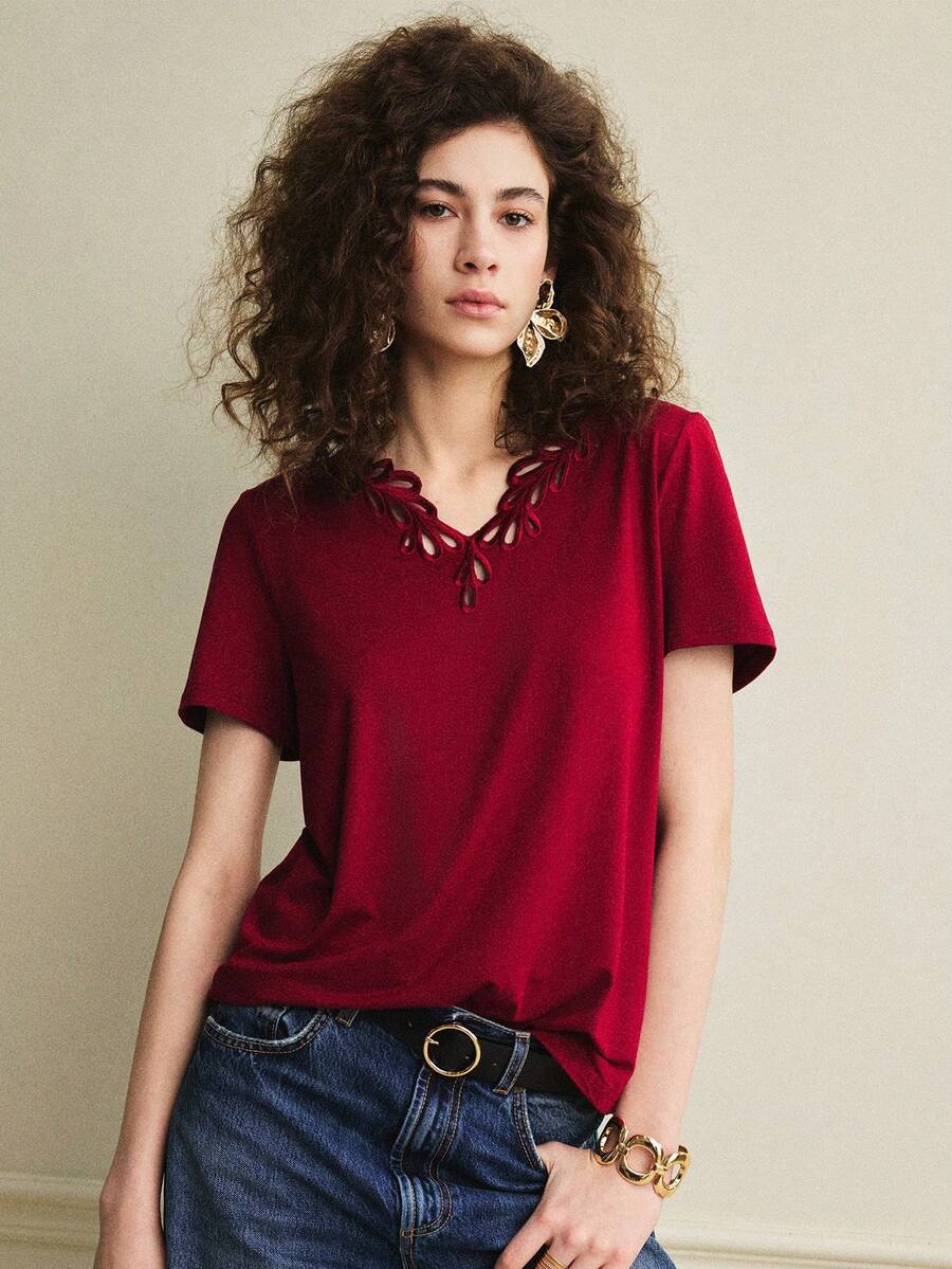 Écloséra 新款休闲镂空法式风女式T恤，春夏款 - 紅色 - 查看 1