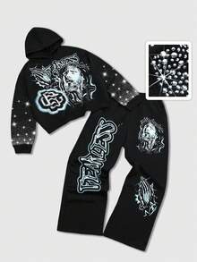 ROMWE MEN Street Life 2pcs Set: Screen Printed Jesus Rhinestone Embellished Hoodie And Pants - Black - View 1