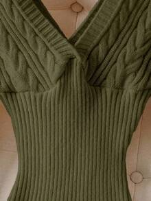 Franclia V-Neck Long Sleeve Ribbed Casual Long Knit Sweater Dress - Green - View 5