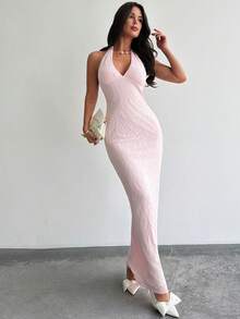 Firerie Đầm maxi ôm sát không tay cổ chữ V thanh lịch, lãng mạn, chất liệu vải dệt họa tiết, thích hợp cho những buổi hẹn hò, mùa xuân/hè. - Hồng - Xem 8