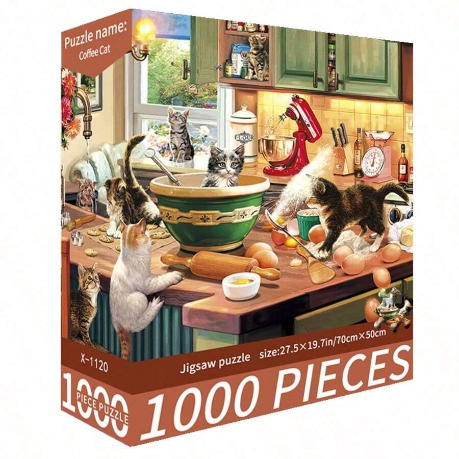 一盒1000片拼图玩具,尺寸70厘米*50厘米,油画风景和卡通图案,成人减压,装饰艺术品,适合作为万圣节、圣诞节、生日礼物 - 彩色 - 查看 1