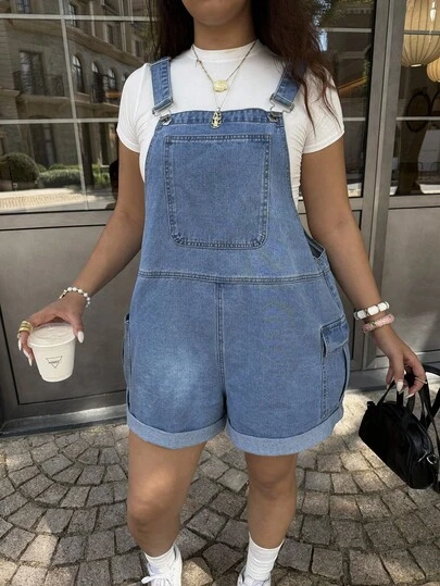 Dripcurv Plus-Size Women's Blue Retro Jumpsuit, Street-Style Preppy Denim Overalls Shorts, New Year's Outfit