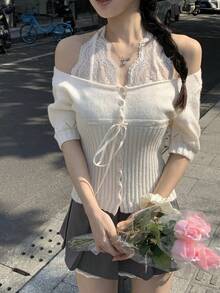 DAZY Blusa de punto con aplicaciones de encaje, estilo coreano femenino - Albaricoque - Ver 4