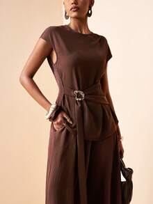 Zivah Elegant Coffee Brown Autumn 2-Piece Set For Work,Short Sleeve Top With Shoulder Ruffle,Metal Decor,Waist Tie & Wide Leg Pants With Pockets,Office Wear - Brown - View 7