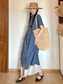 FRIFUL Women's Long Plaid Dress, Summer Vacation Country Style - Navy Blue - View 4