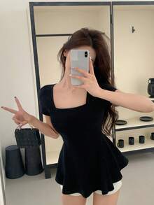 DAZY Women Solid Color Scoop Neck Ruffle Hem Casual Short Sleeve T-Shirt, Summer Preppy Tops Vacation Babydoll Top Cute Tops - Black - View 4