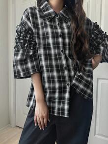 FRIFUL 女士休闲格子荷叶边衬衫，春夏款 - 黑與白 - 查看 5