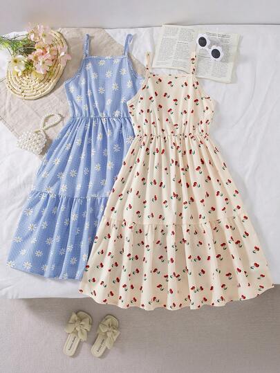 SHEIN Elladie kids 2pcs/Set Tween Girls Summer New Off Shoulder Adjustable Strap Patchwork Cake Hem Cherry Print/Blue Plaid Daisy Print Cute Simple Elegant Casual Vacation Dress Set