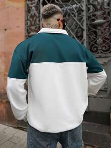 Artur Kramer 男士套头四分之一拉链卫衣，字母印花拼接设计，时尚长袖宽松轻薄卫衣，春秋季款 - 軍綠色 - 查看 3