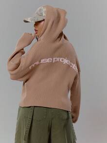 MUSERA Ribbed Knit Graphic Detail Zip Through Cardigan Hoodie Streetwear Coolgirl Winter Sexy Casual Odd Drift - Khaki - View 2