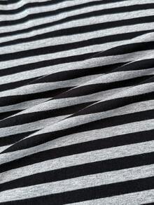 少女黑色和灰色条纹圆领短袖修身露脐T恤 - 黑色 - 查看 6