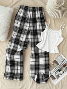 SHEIN Tween Girls Casual Lace Trim Camisole Top And Wide Leg Plaid Knit Pants Set, For Everyday Wear - Multicolor - View 2