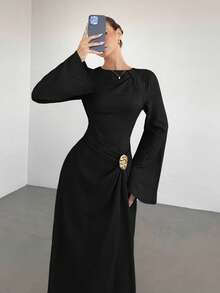 女士纯色扭结细节金属扣装饰喇叭长袖连衣裙，女士婚礼宾客礼服，女士冬季正式礼服 - 黑色 - 查看 5