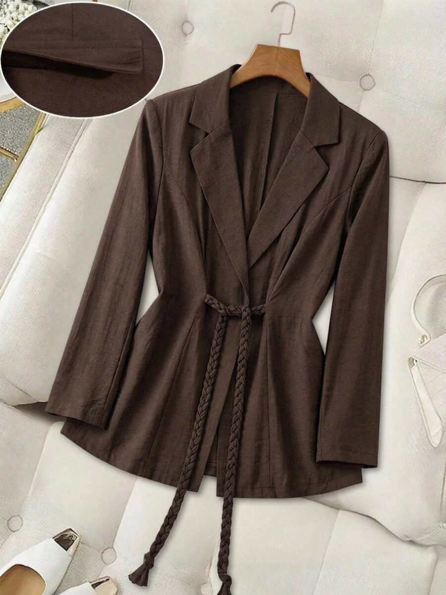 Modelyn Women's Fashion Distressed Pleated Collar Blazer Brown Blazer Women Suit Jacket For Women - Coffee Brown - View 1