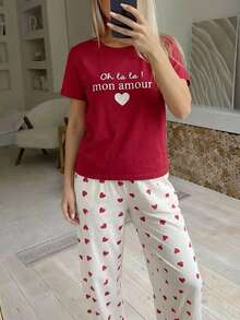 Aloruh Women's Valentine's Day Heart Print Casual 2 Pieces Set - Red - View 2