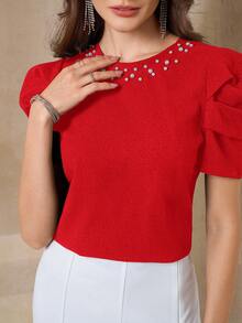Amorya Women's Round Neck Short Sleeve Knit Gigot Sleeve Beaded Pearl Decor Slim Fit Elegant Casual T-Shirt, Spring/Summer Beaded Tops Tops For Women Elegant Puff Sleeve Top Women Red Top For Women Pearl Top Women - Red - View 7