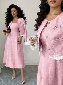 Elenzga Blue & White Patchwork Sleeveless Jacket With Button Pockets, Elegant Casual Commuter Dress - Pink - View 6