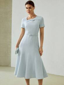 MOTF PREMIUM SOLID ASYMMETRICAL NECK BUCKLE BELTED FLARE HEM MIDI DRESS - Blue - View 6