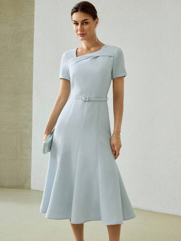 SOLID ASYMMETRICAL NECK BUCKLE BELTED FLARE HEM MIDI DRESS