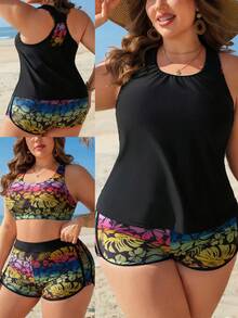 Swim Lushoire 女士优雅度假椰树印花连体泳衣，提拉塑形，高腰设计，欧洲泳装，收腹，全包覆大码坦克背心式泳衣 - 彩色 - 查看 7