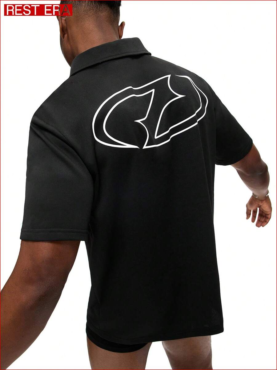 Rest Era Men's Casual Everyday Commute Graphic Print Short Sleeve Polo Collar Shirt, Black Loungewear Top