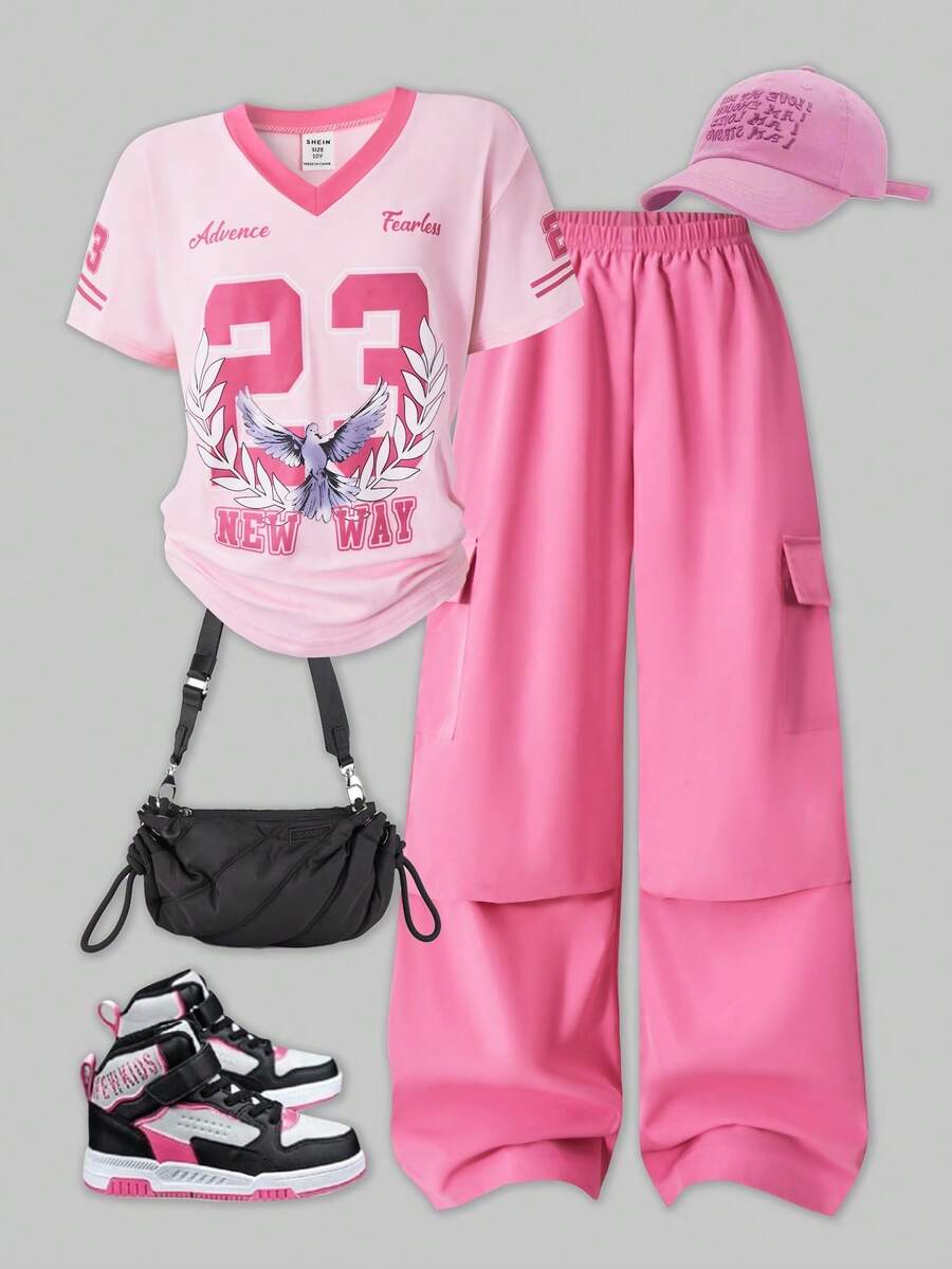 SHEIN ChillGRL Bộ đồ đôi cho bé gái tuổi teen gồm áo thun cổ chữ V lệch vai dáng rộng in chữ và quần ống đứng có túi, kiểu dáng tiện dụng, thích hợp cho mùa xuân/hè/thu. - Màu Hồng Tươi - Xem 1