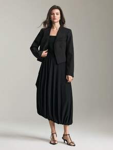 Ontre Women's Elegant Summer Mid-Length Dress,Black Solid Color With Pleats,Waist-Cinching Asymmetric Design,Relaxed Fit For Day Party,Weddings&Office Wear - Black - View 7