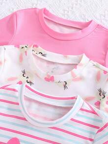SHEIN Vintaside Kids 6件套女婴新生儿幼儿0-3岁春夏新款可爱兔子纯色条纹T恤短裤套装 - 玫紅色 - 查看 8