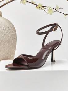 SHUZIA Women's Patent PU Peep Toe Heeled Sandals - Chocolate Brown - View 4