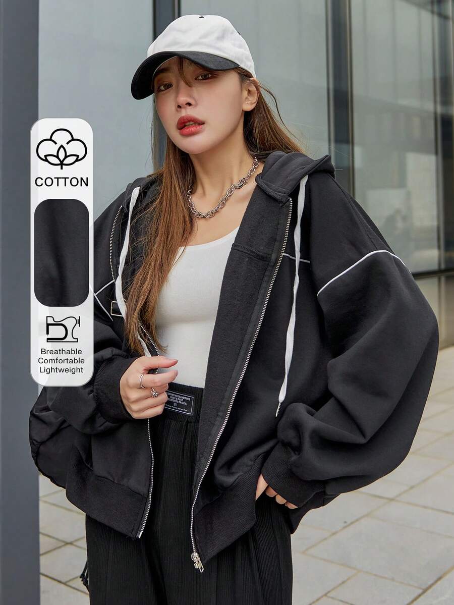 DAZY Áo hoodie giữ nhiệt có dây rút kéo khóa vai ống trễ tương phản, áo dài tay, quần áo mùa thu cho nữ - màu đen - Xem 1
