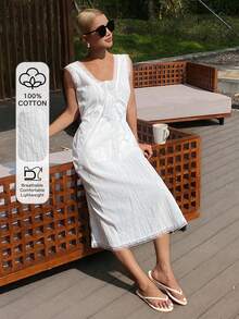 DAZY Cămașă de noapte pentru femei, stil romantic de vacanță, ușoară, texturată, cu dantelă, cu decolteu adânc în V, fără mâneci - alb - Vizualizare 4