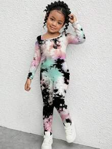 SHEIN Young Girls' Black Tie-Dye Street Style Elastic Knit Crew Neck Long Sleeve Jumpsuit,Snug Fit Matching Sister Set White Summer Casual Daily Wear Outfit - Black - View 5