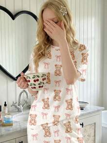 Cute Cream Pink ❤ Adorable INS Style, BM Sweet Pink Bow Bear Print Pattern, 2026, Teen Girl Casual Loose Minimalist Round Neck Drop Shoulder Short Sleeve Pants Pajamas Set, Suitable For Spring/Summer - Multicolor - View 6