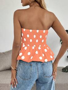 Almamuse Women's Polka Dot Print Ruffle Hem Fashionable Bandeau Top For Vacation Pokadot Top - Orange - View 2