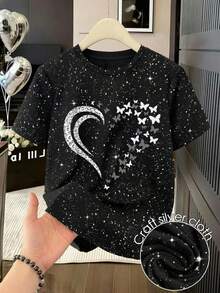 EMERY ROSE Áo thun nữ tay ngắn cổ tròn đính sequin thời trang mới, in hình bướm và trái tim, thích hợp mặc hàng ngày. - màu đen - Xem 1