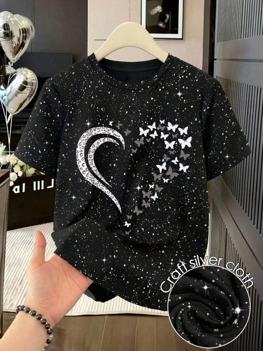 EMERY ROSE Áo thun nữ tay ngắn cổ tròn đính sequin thời trang mới, in hình bướm và trái tim, thích hợp mặc hàng ngày. - màu đen - Xem 1