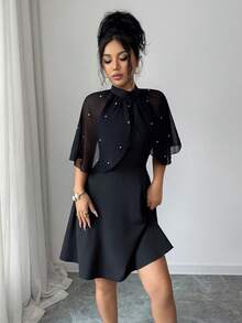 Modelyn Summer Pearl Chiffon Wrap Waist Black Dress, Elegant Short Dress - Black - View 5