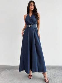 Firerie Women's Criss-Cross V-Neck Backless Fashionable Halter Denim Dress - Dark Wash - View 5