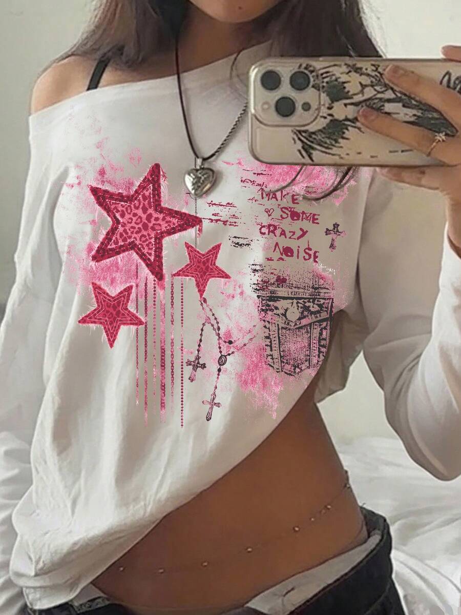 SHEIN EZwear 秋季新款宽松圆领斜肩荷叶边下摆印花长袖性感不对称肩套头T恤（女款） - 彩色 - 查看 1