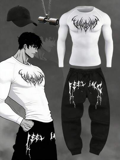 Manfinity Sport PWRUP Men's Casual Sports Graphic Print Raglan Long Sleeve T-Shirt And Drawstring Waist Jogger Pants Set, Spring/Autumn