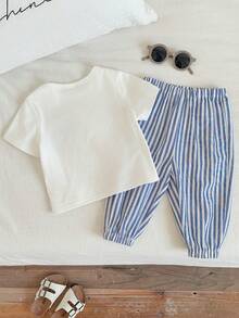 2件套男宝宝可爱夏季度假休闲短袖T恤和松紧腰条纹裤套装，夏季服装 - 彩色 - 查看 2