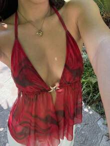 Sunnyshic Women's Sexy Backless Knot Halter Top With Metallic Starfish Print, Suitable For Beach Vacation - Burgundy - View 5